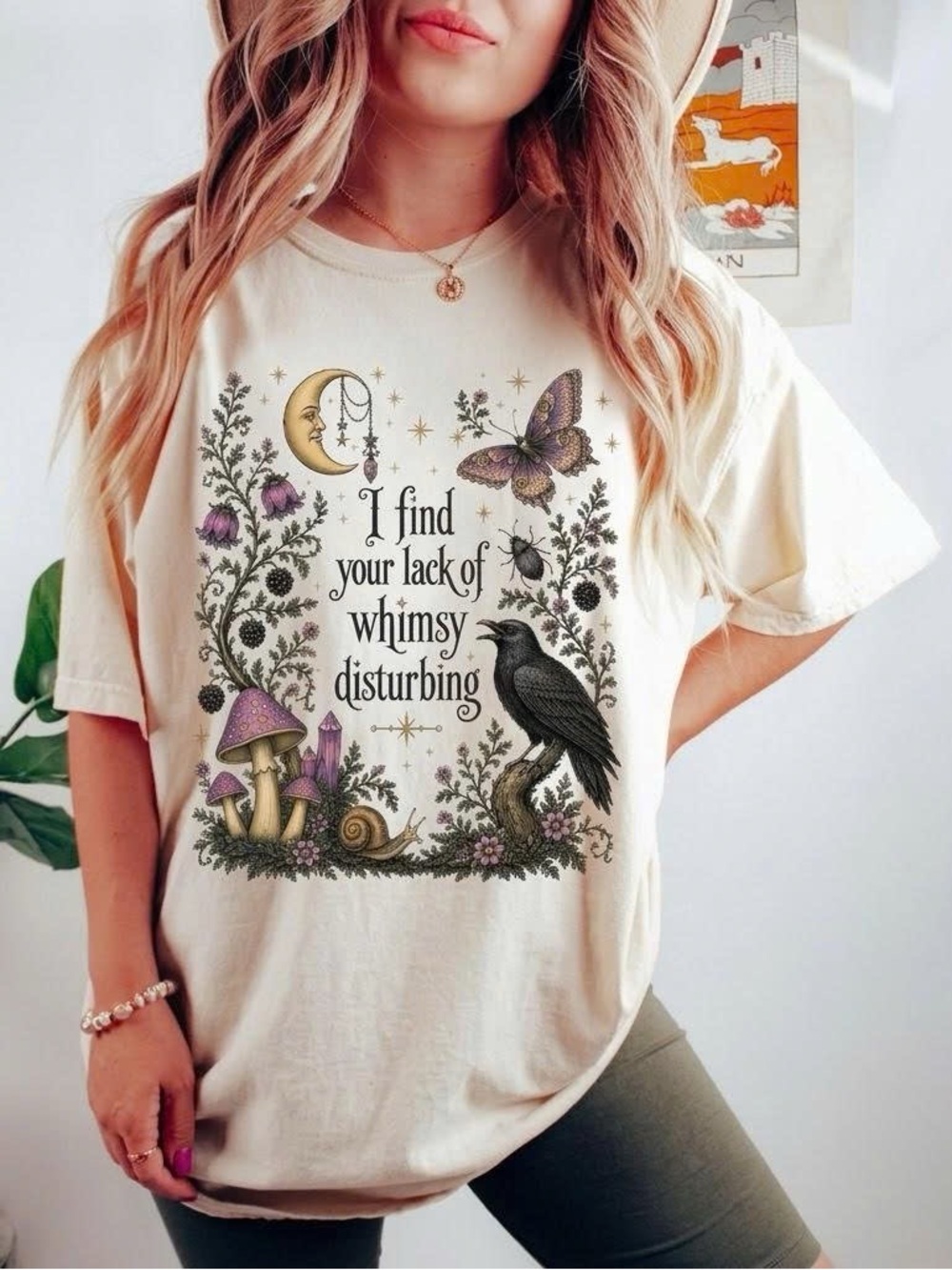 Vintage Cream Short Sleeve Tee with Gothic Raven, Mushroom & Moon Art